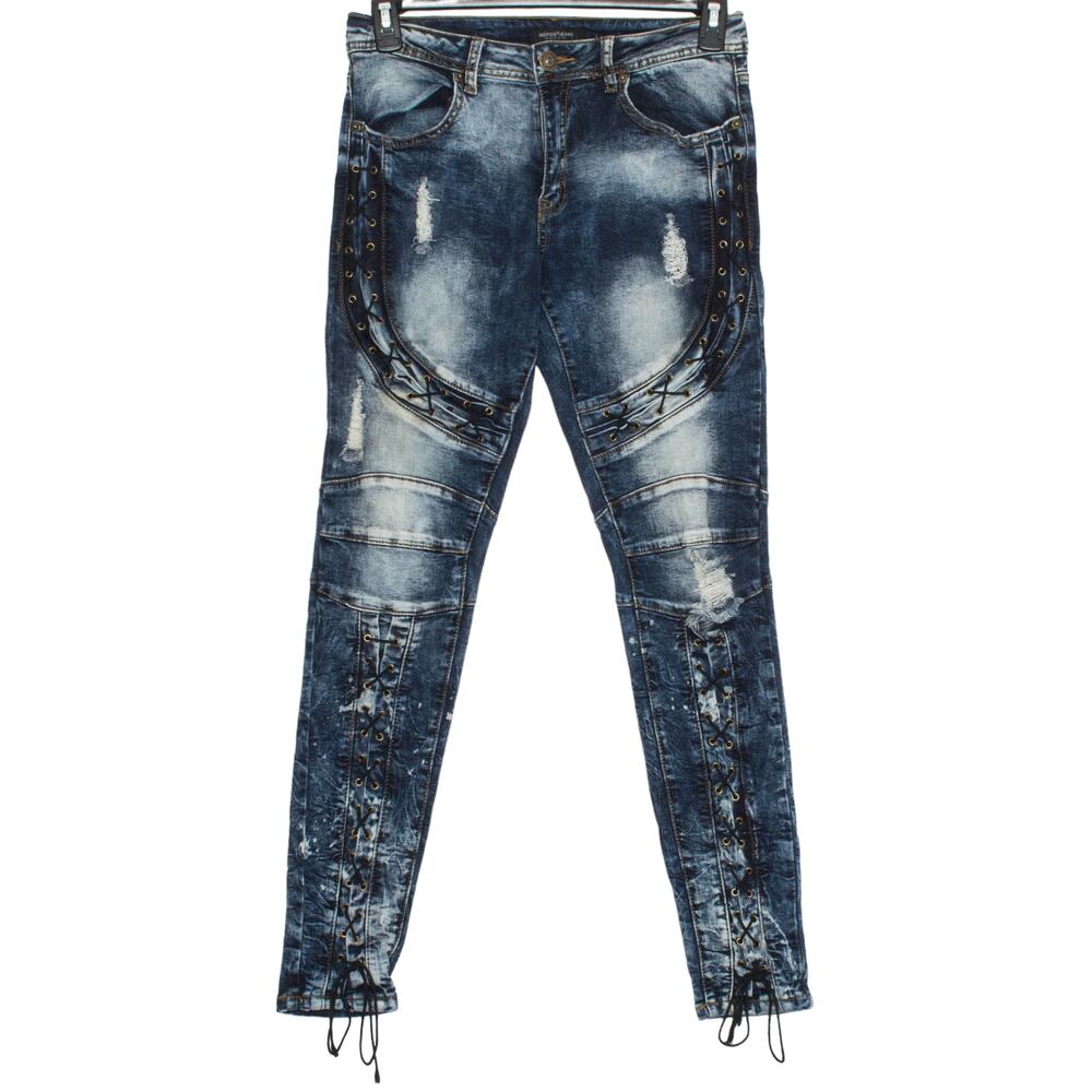 Red Fox Jeans Skinny Moto Y2K Grunge Streetwear Punk Retro Distressed Blue 11 28